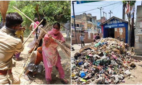 UP में खाना खा रहे सफाईकर्मी से पुलिस ने की मारपीट तो साथी कर्मियों ने झाड़ू से दिया लाठी का जवाब, पुलिस चौकी के सामने डाला कचरा