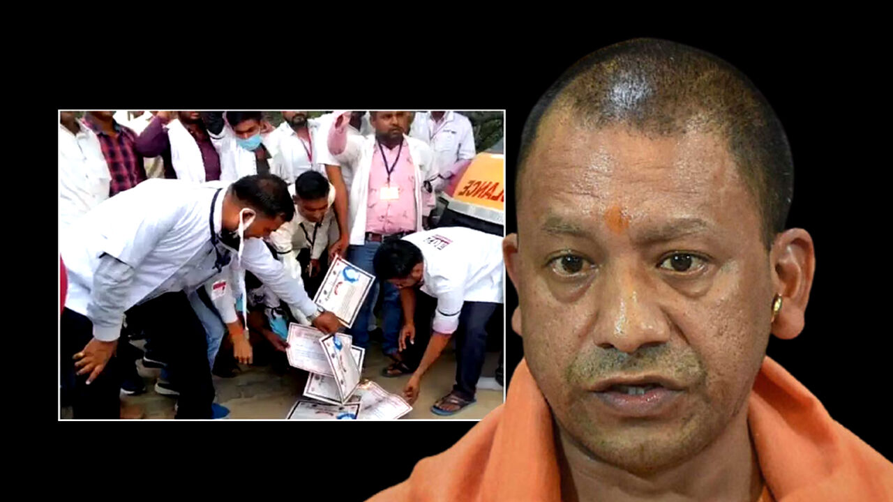 कानपुर : हड़ताल पर गए एंबुलेंस चालक तो ठप हुईं सेवाएं, कोरोना सम्मान सर्टिफिकेट जलाकर किया प्रदर्शन