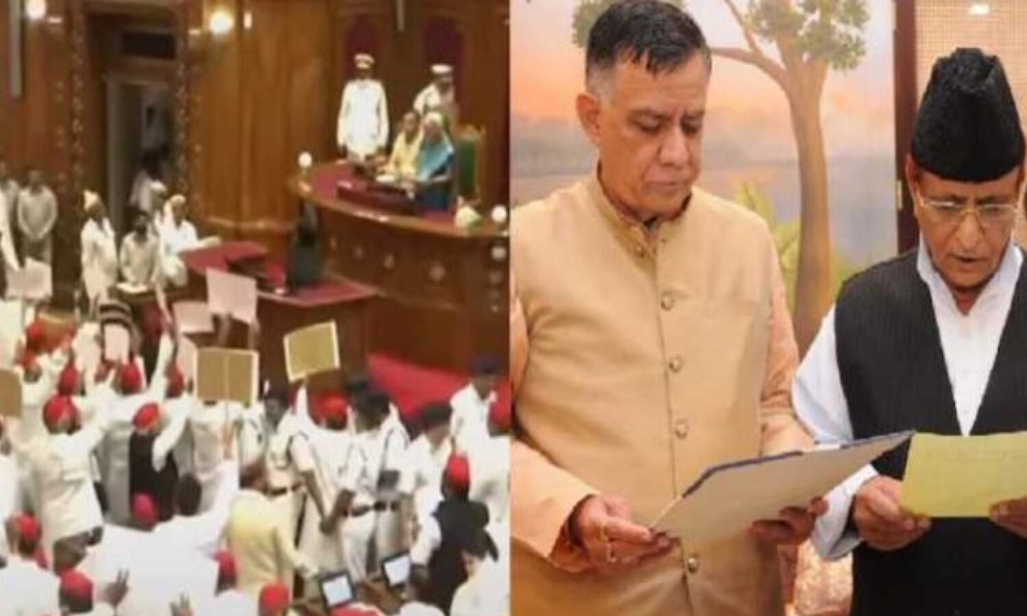 UP Assembly News : यूपी विधानसभा में राज्यपाल के अभिभाषण के बीच सपा विधायकों ने किया हंगामा, हाथों में लाल तख्तियां लेकर पहुंचे सदन