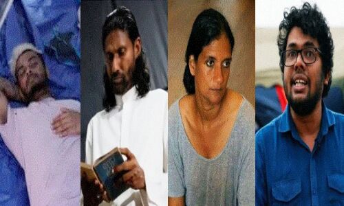 श्रीलंका जारी आंदोलन के पीछे चार प्रमुख चेहरों में बाएं से दाएं क्रमश: सत्य चरित, जीवंत पेइरिस, रु​बांति डि चिकेरा और चमीरा डेडुवगे।