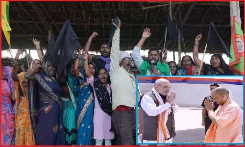 खिरिया बाग में ‘किसान मजदूर विरोधी योगी-शाह वापस जाओ’ के लगे नारे, लहराये गये काले झंडे