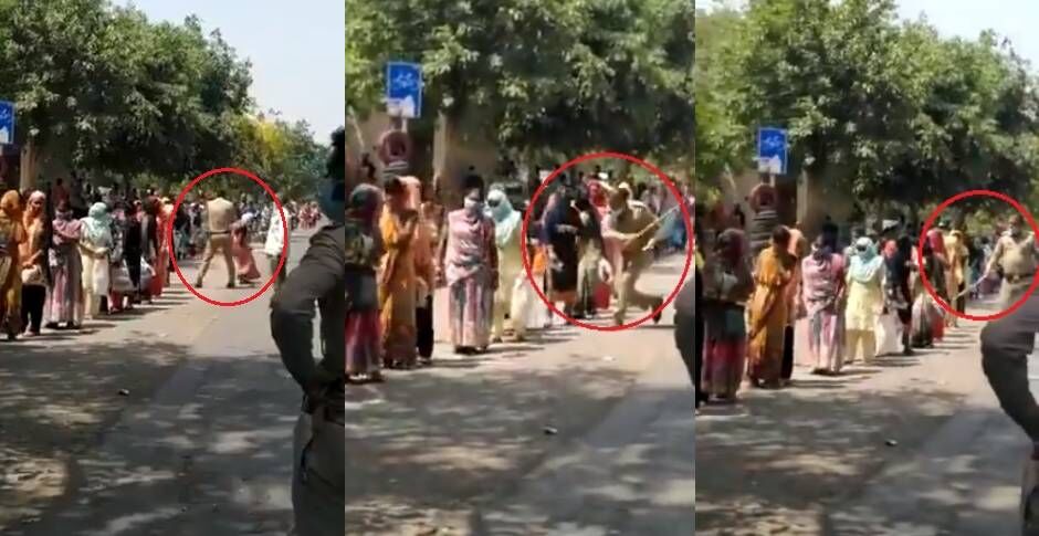 नोएडा पुलिस की गुंडागर्दी, राशन के लिए लाइन में खड़ी महिलाओं पर बरसाईं लाठियां