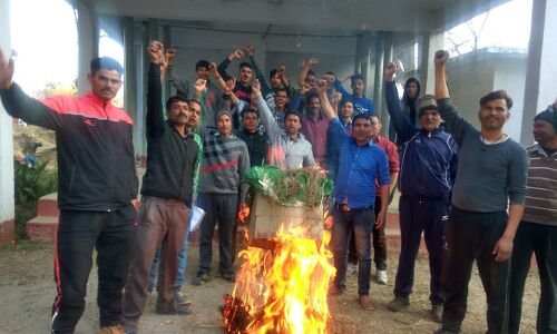 अल्मोड़ा के बासुलीसेरा में 132 केवी हाईटेंशन लाइन डालने के विरोध में ग्रामीणों ने जलाया विद्युत विभाग का पुतला